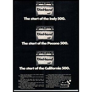 1972 Sears DieHard Car Battery Vintage Print Ad Pocono Indy 500 Wall Art
